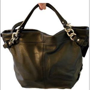 Coach timeless black leather satchel handbag.